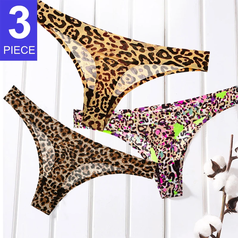 

Sexy Seamless Panties Set Women Stringi Damskie Leopard Print Sports T-back G-string Thong Female Lingerie Ice Silk 3PCS/Lot