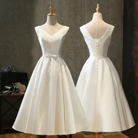 simple v neck short wedding dress sexy open back a line satin tea length bridal party gowns vestidos de noiva