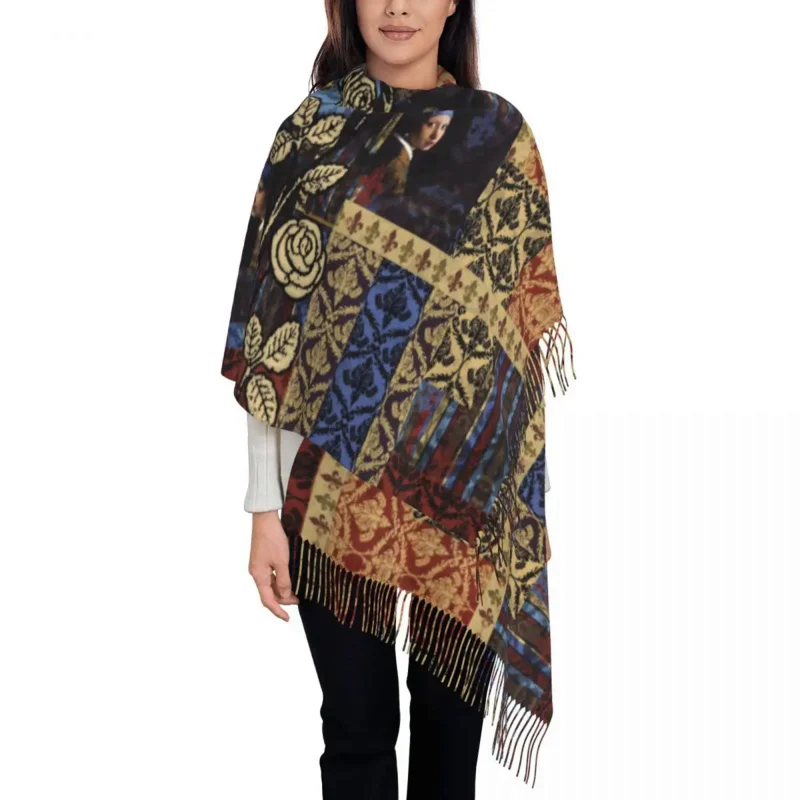 

Женский шарф с жемчужинами, длинная теплая шаль с кисточками и жемчугом, Осень-зима