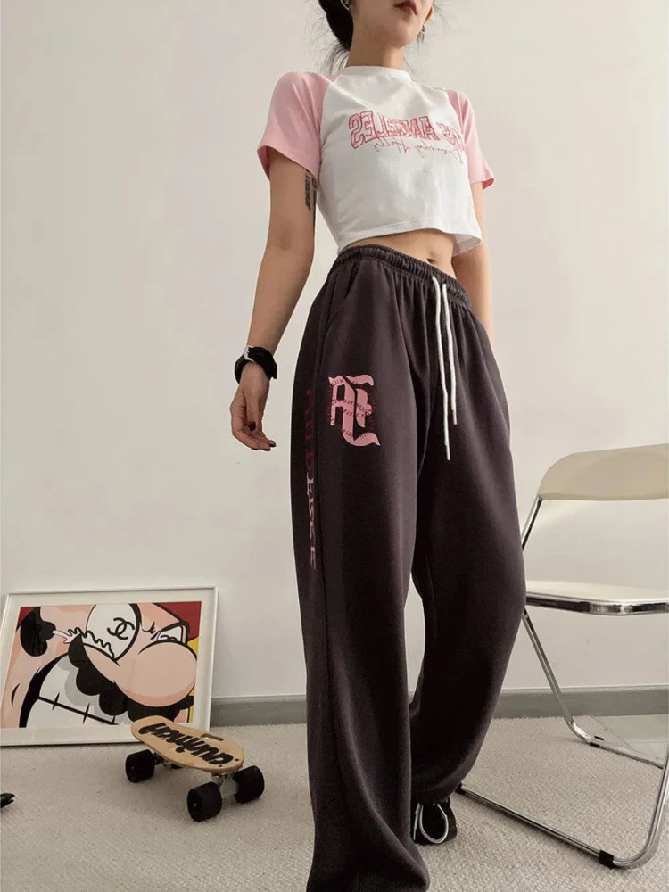 

QWEEK Hip Hop Y2K Oversize Jogging Sweatpants Women Harajuku Streetwear Baggy Sports Pants Kpop Joggers Grey Wide Leg Trousers