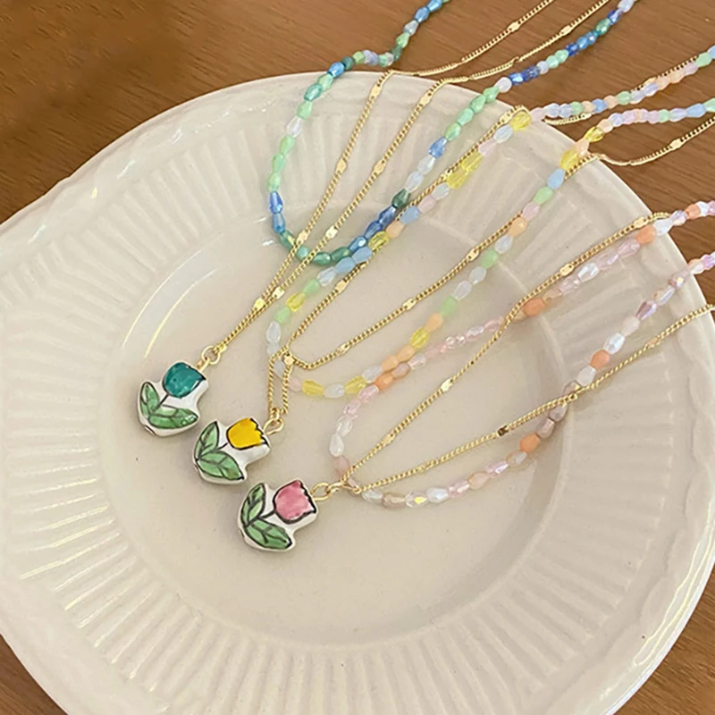 

2 Layered Tulip Flower Necklace for Women Vintage Sweet Crystal Choker Clavicle Chain Teen Girl Party Jewelry Summer Accessories