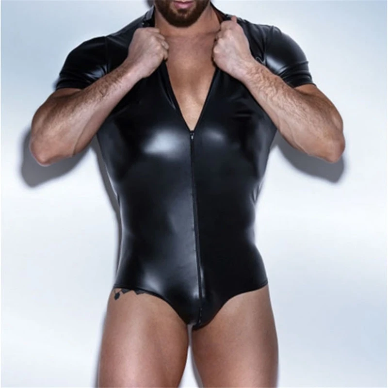 

Men Erotic Sexy Black Wetlook Bodysuits Male Faux Leather Latex Lingerie Catsuit Men Gay Exotic Fetish PU Jumpsuits Club Wear