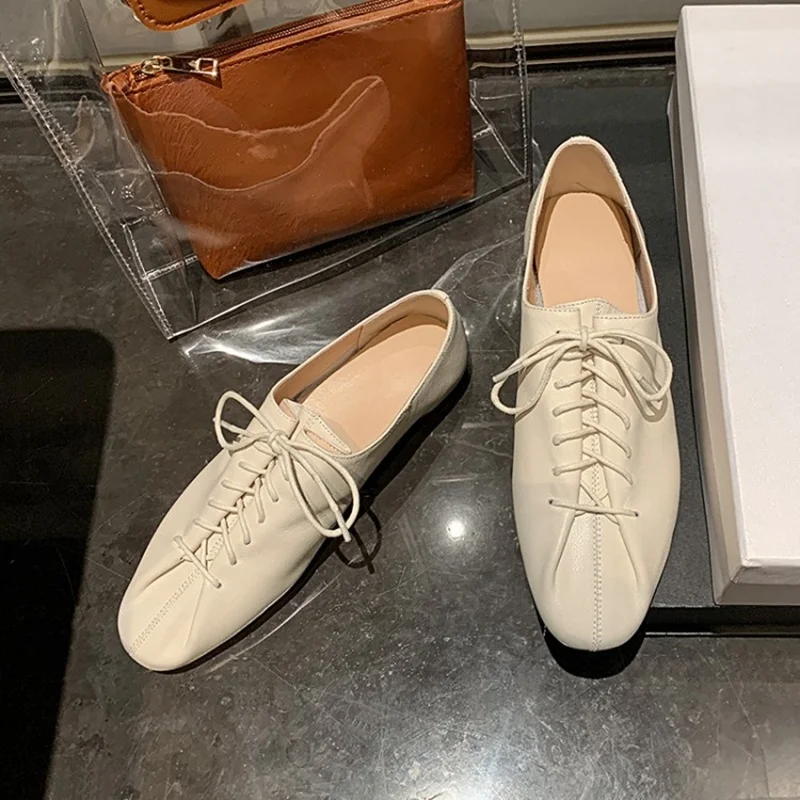 

2023 Spring/Autumn Women Flats Sid Split Leather Lace-up Concise Shoes Women Round Toe Casual Shoes Cross Female Shoes