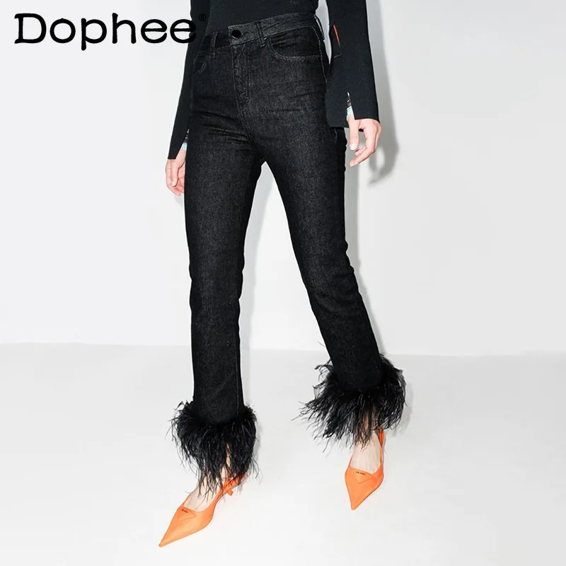 

Street Fashion Ostrich Feather Stitching Jeans Women 2022 New Spring Summer Pantalones High Waist Slimming Black Denim Trousers