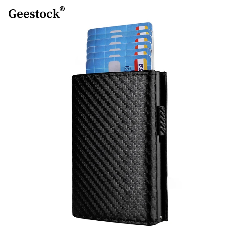 

Geestock Rfid, блокировка кредитных данных, мужской кожаный магнитный выдвижной кошелек из микрофибры, многофункциональный карман для карт и монет