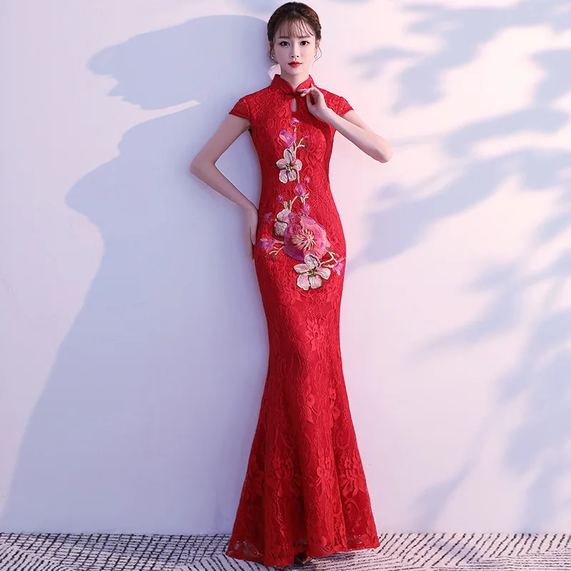 

Red Beige Chinese National Long Cheongsam Vintage Slim Female Women Evening Dress Flower Embroidery Qipao 3XL