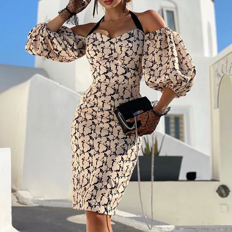 

2023 Spring/Summer Women's Wear Neck Slim Print Hip Wrap Sexy Dress