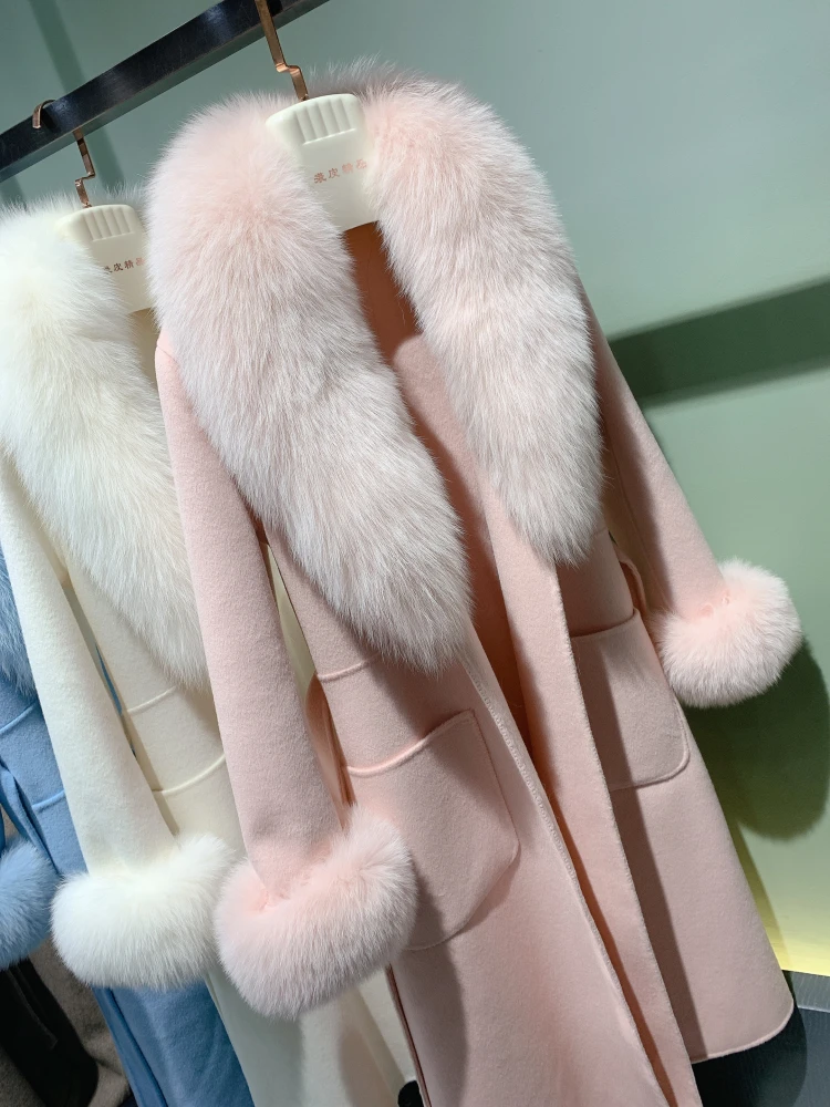 Luxury woman's coat autumn Winter x-long real sheepskin woolen jacket with real fox fur collar female winter clothing pink white enlarge