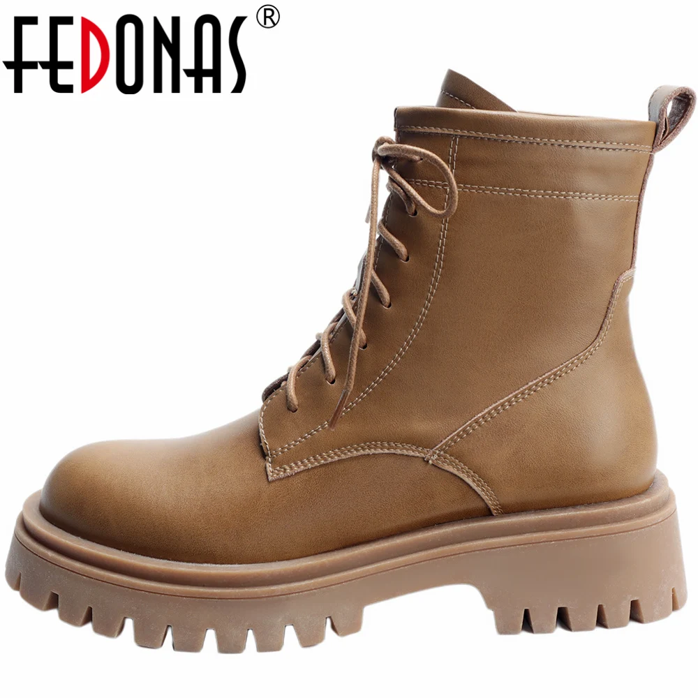 

FEDONAS Leisure Platforms Women Ankle Boots Genuine Leather Lace-Up Shoes Woman Thick Heels Basic Autumn Winter Casual Outdoor