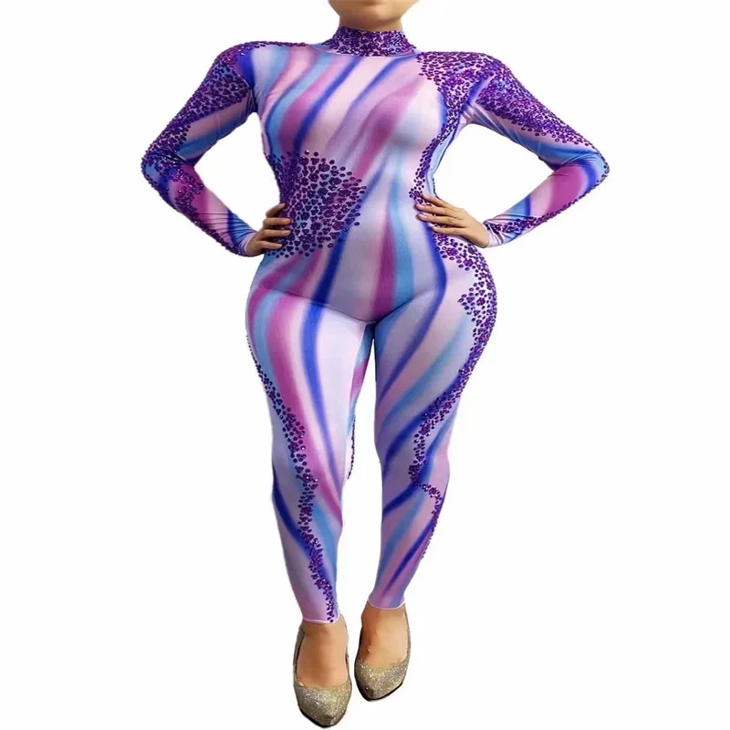 

Q505 Jumpsuit Purple Diamonds New Rhinestones Ballroom Long Sleeves Perform Elastic Stretched Model Rave Slim Indoor Party Show