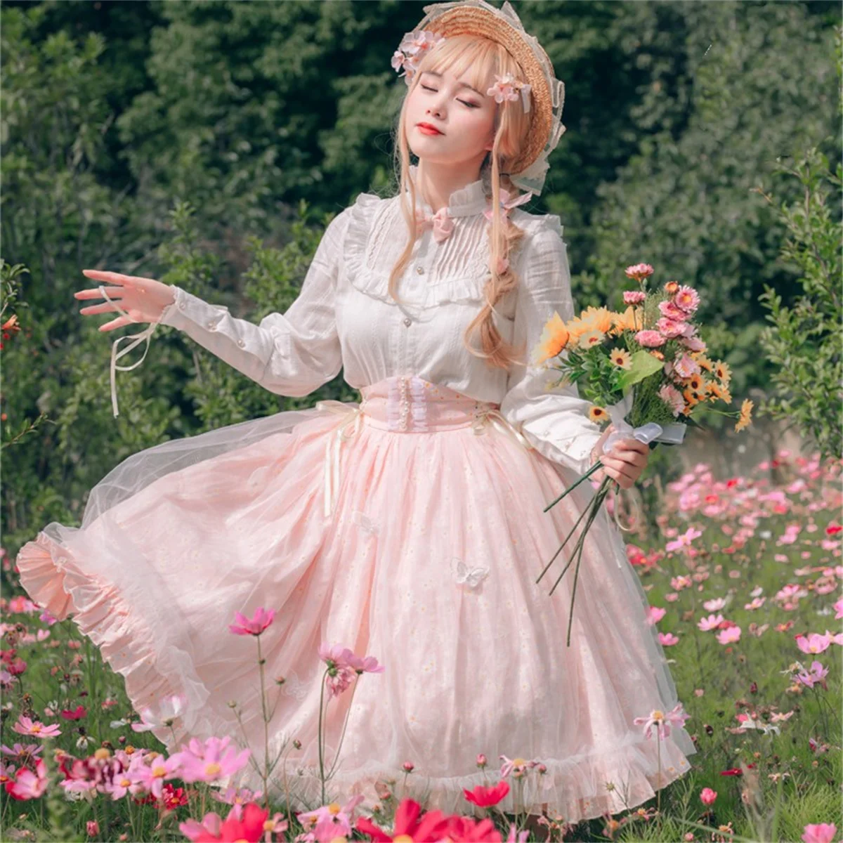 

Pastoral Style Sweet Loli Cosplay Lolita Suit Top+Skirt Leg Of Lamb Sleeves Ruffled Shirt Floral Mesh Pearl Ribbon Bow Skirt