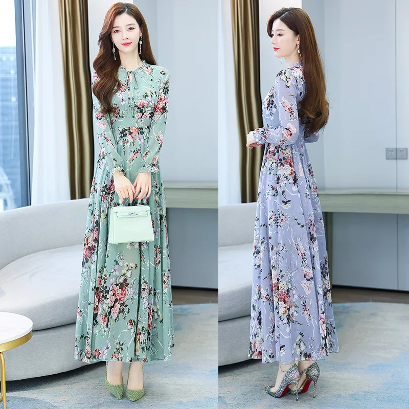 Muslim High Quality Floral Chiffon Women Maxi Dress 2023 Vintage Long Sleeve Party Dress Spring Autumn Boho Beach Muslim Dress