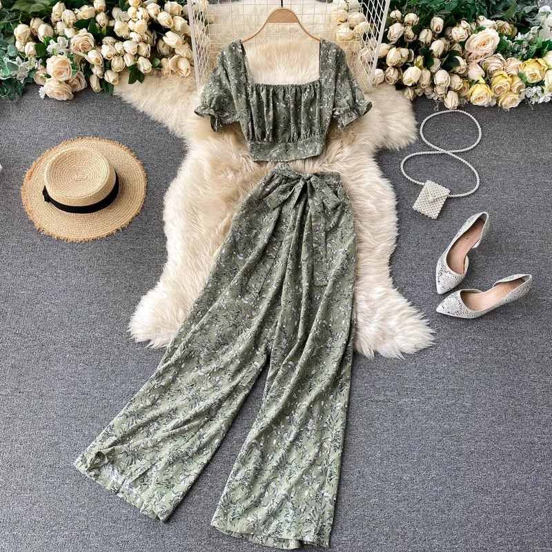 

Women Two-piece French Square Collar Pleated Short Cropped Floral T-shirt Top + High Waist Wide Leg Pants Woman Fashion Suits