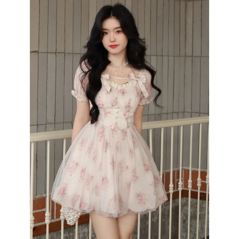 

Новинка Лето 2023 платье Pure Desire Sweet Taro Cheese с пышными рукавами розовое Цветочное платье с бантом и короткими рукавами летнее платье