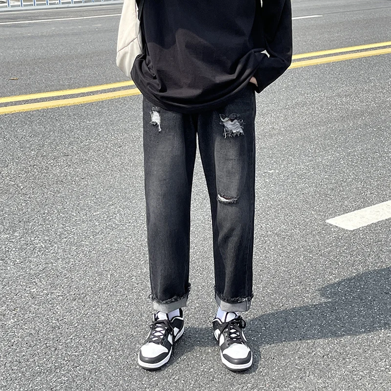 Summer Blue/Black Ripped Jeans Men Slim Fashion Casual Straight Jeans Men Streetwear Hole Denim Trousers Mens Pants 27-36