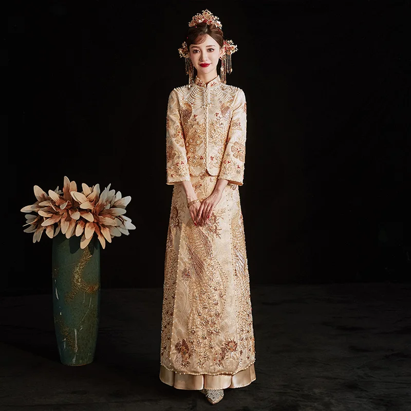 Gold Exquisite Sequins Beaded Phoenix Embroidery Wedding Dress Elegant Mandarin Collar Chinese Women Men Marriage Cheongsam