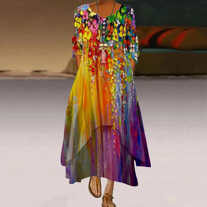 Женское винтажное платье с цветочным принтом повседневное свободное макси