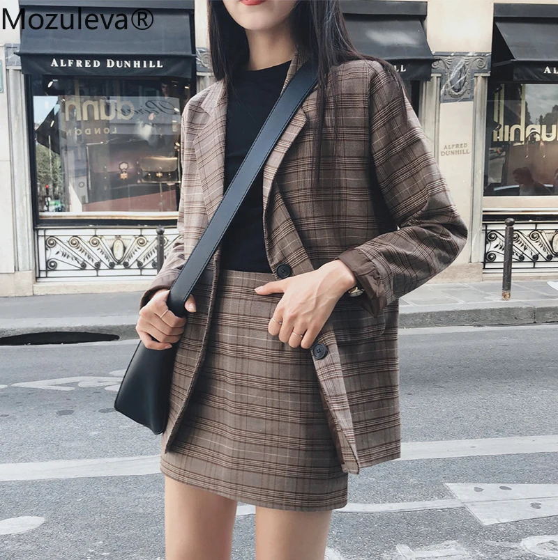 Mozuleva 2022 Retro Plaid Blazer Set Single-breasted Jacket & Pencil Skirt 2 Pieces Skirt Suit Female Office Ladies Blazer Suit