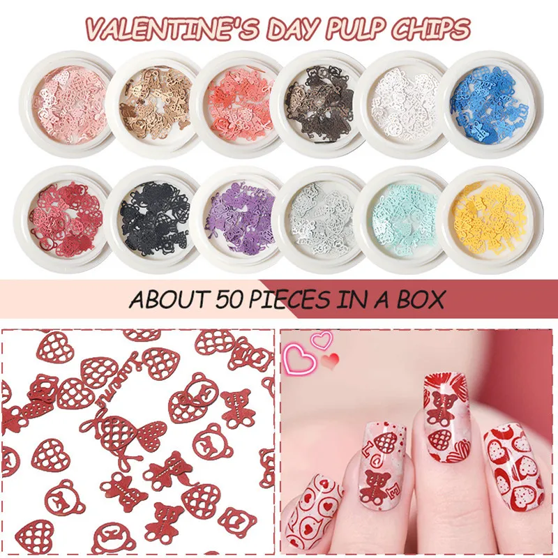 

3Boxes New Nail Art Accessories Wood Pulp Chips Valentine's Day Rose Bear Love Bow Tie Etc.Nails Decorations DIY Manicure Charms