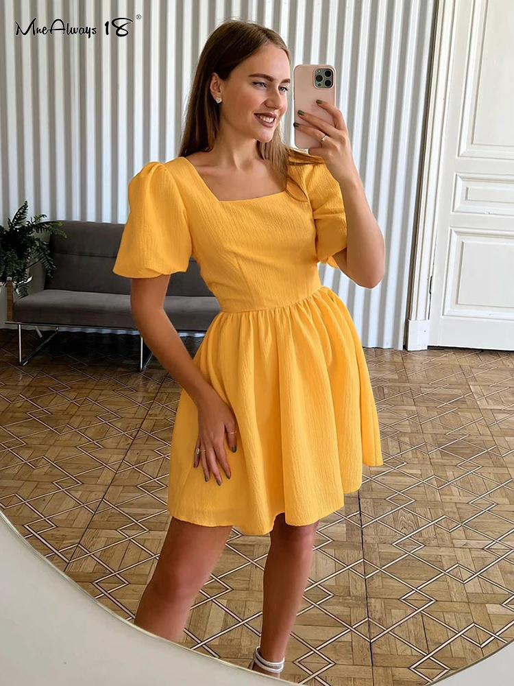 

Mnealways18 Elegant Woman Party Dresses Puff Sleeve A-Line Short Dress Summer Chic Ruched Dress Crepe High Waisted Dresses 2022