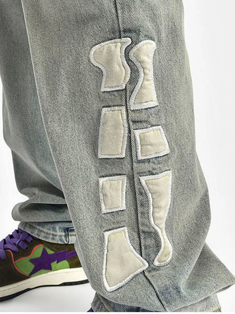 Men Skeleton Baggy Casual Pants Mens Japanese Streetwear Wide Leg Denim Trousers Male Y2k Blue Vintage Denim Pants Men Clothing