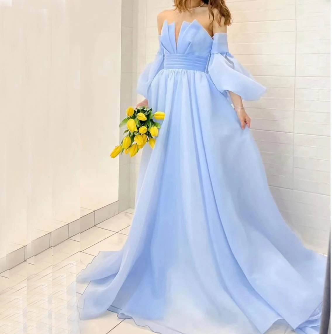 

Strapless Formal Evening Dress Вечернее платье Long Organza فساتين سهرة Long Prom Party Formal Occasion Dresses with Train