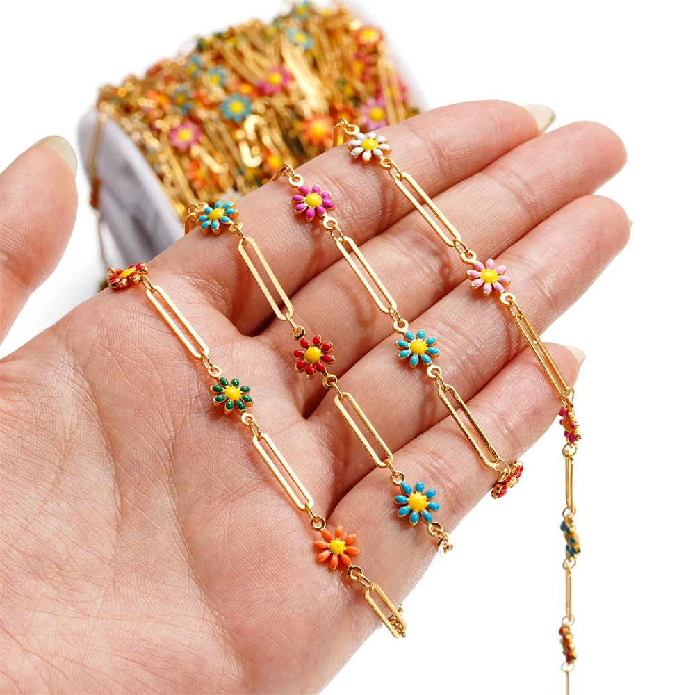 

1Meter Copper Chain Enamel Flowers Beaded Charm Chains for DIY Handmade Necklace Bracelet Jewelry Making Accessories