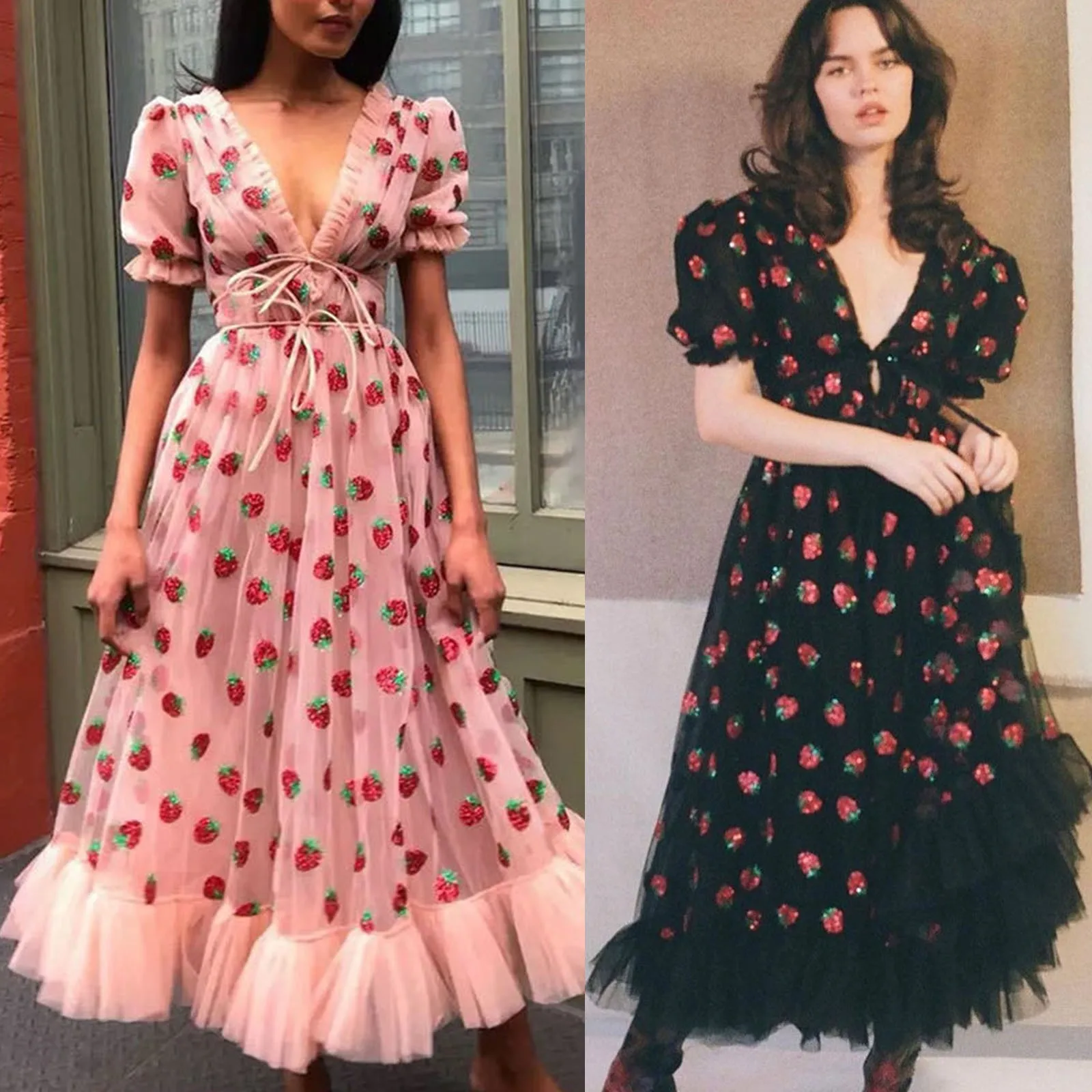 

Party Dress Delivery Today Women Strawberry SequinsEmbroidery Mesh Round Neck Tunic Party Dress Top Dress