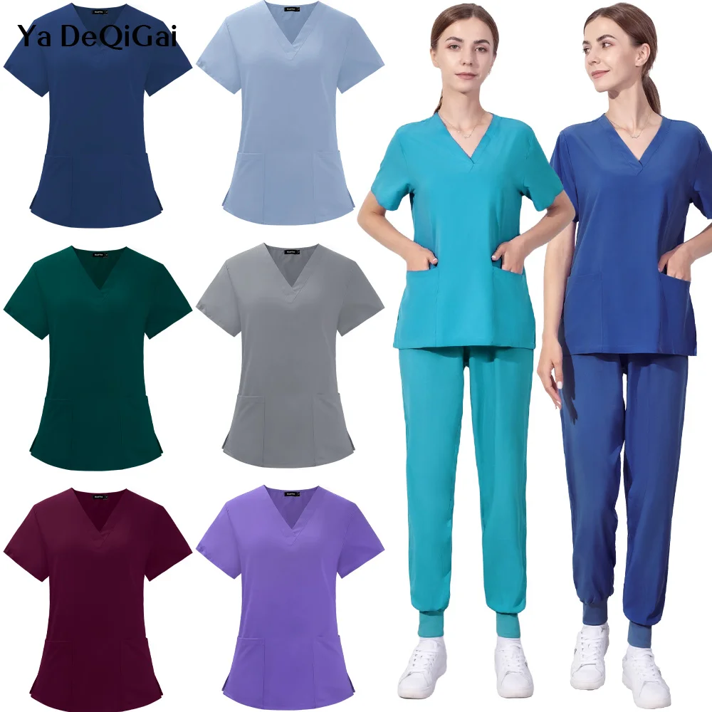 Workwear Nursing Women Scrubs Pants Elastic Wholesale Working Uniform Women Short Sleeve Neck Tops Dental Hospital Scrubs Suits