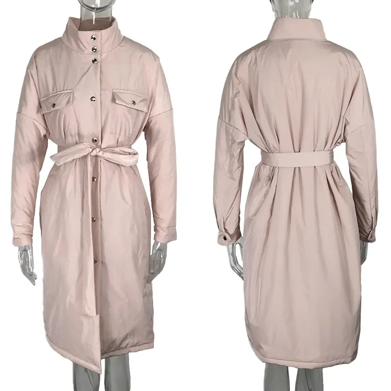 Spring Single Breasted Parkas Women Fashion Stand Collar Coat Women Solid Tie Belt Simple Cotton Jackets Female Ladies