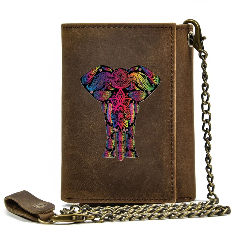 

High Quality Men Genuine Leather Wallet Anti Theft Hasp With Iron Chain Retro Mysterious Elephant Cover Card Holder Short Purse