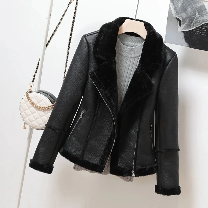 2022 New Winter Faux Shearling Sheepskin Coats Women Thick Warm Pu Faux Lamb Leather Jacket Black Motorcycle Female Overcoat Top