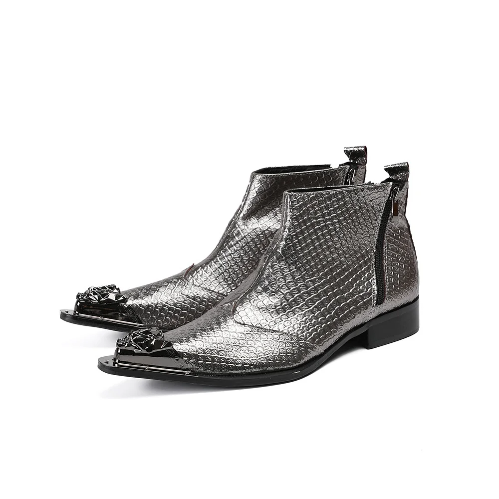 

Silver With Metal Genuine Leather High Heels Zipper Pointed Toe Boots Male Plus Size Fashion Party British Style Business Shoes