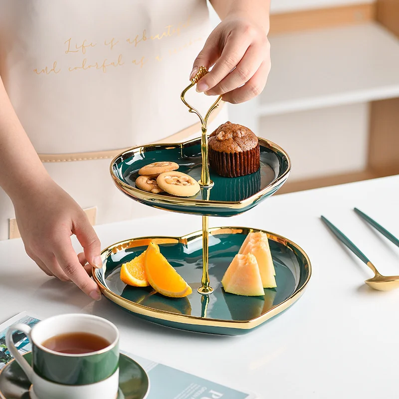 

Nordic dark green ceramic string plate creative double-layer love fruit inventory heart rack dessert table party decoration