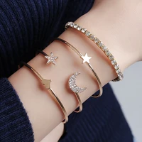 4pcs boho stackable bracelet set gold rhinestone open cuff bangle bracelet moon star charm jewelry for women and girls