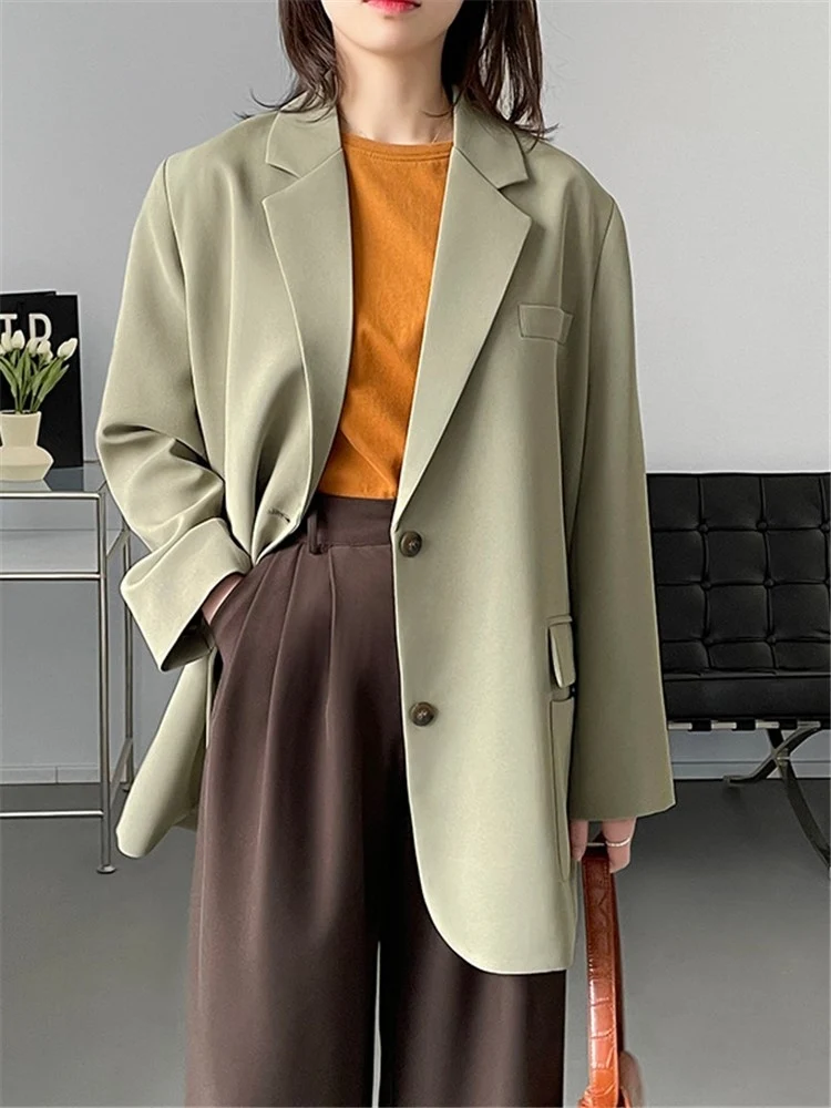 

Spring Fashion Loose Sweet Heart Solid Color Single-breasted Notched Long Sleeve ML Long Blazers for Women Girl Outwear Jackets