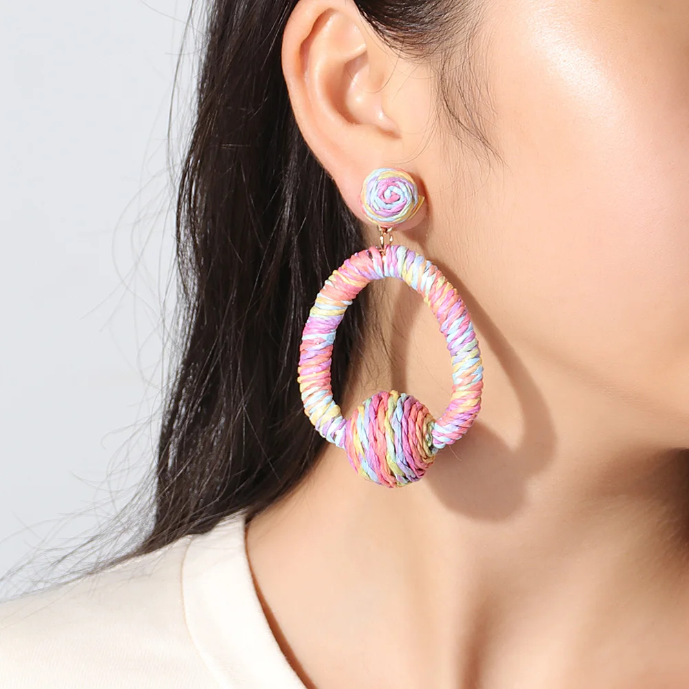 

Bohemia Summer Beach colorful Raffia Earrings For Women Boho Handmade Weave Geometric Drop Dangle Earrings Holiday Style