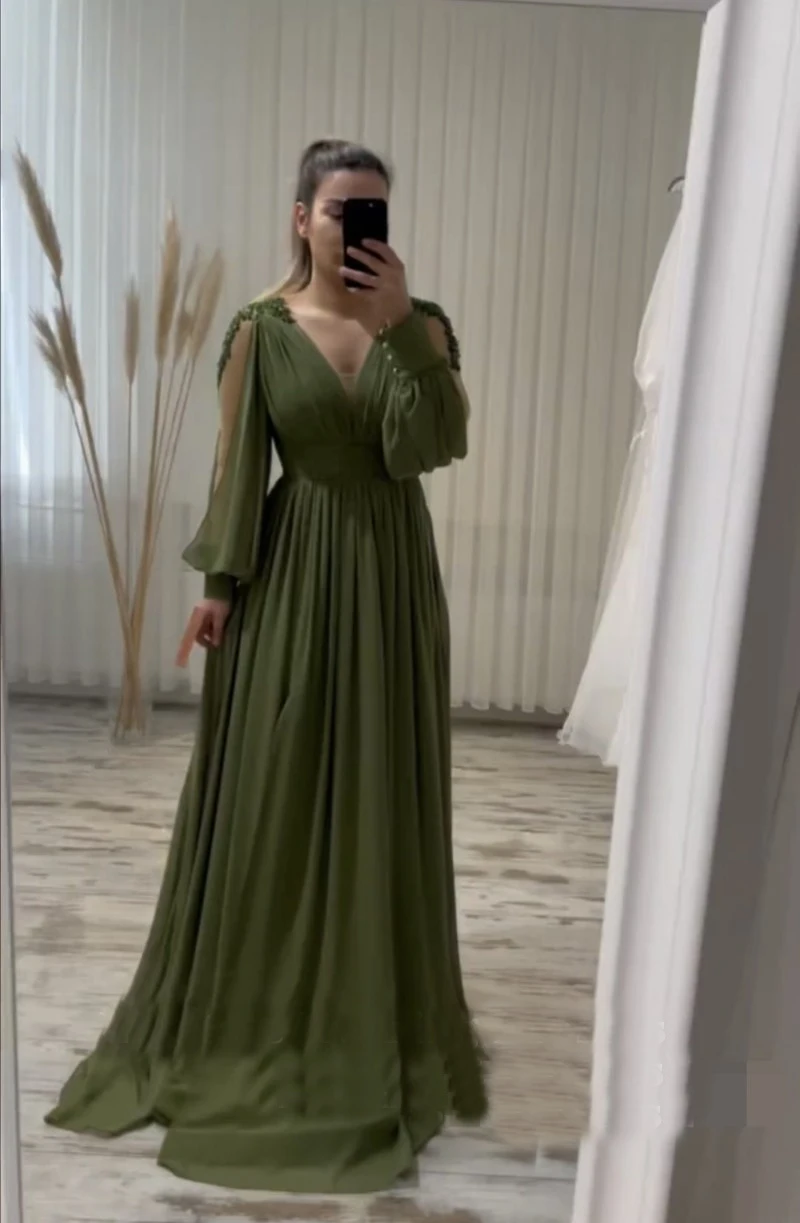 

Элегантное шифоновое вечернее платье с V-образным вырезом, аппликацией, жемчужинами, рукавами-фонариками и поясом на пуговицах, черно-зеленые вечерние платья