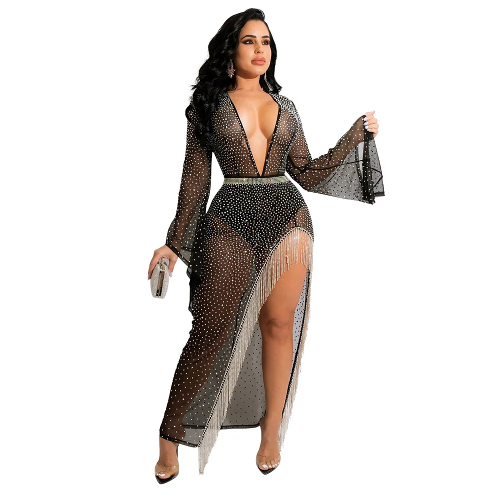 

Zoctuo Club Party Dress For Women Long Sleeve Deep V-neck Maxi Dress Hot Drill Tassel Sexy Bodycon Midnight Elegant Cloth Vestid