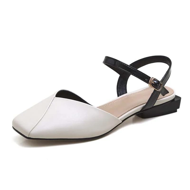 

Microfiber Closed Square Toe Women Sandals Summer Ankle Strap Strange Low Heels Beige Gray Pink Patchwork Buckle Casual Shoes