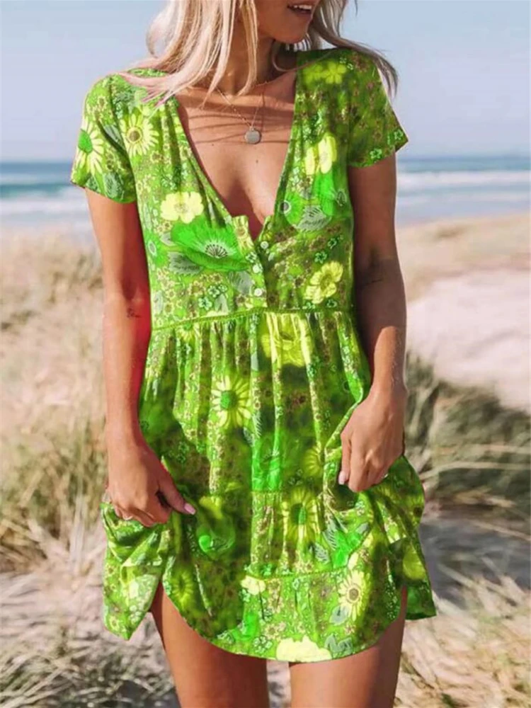 

Deep V Woman Mini Dress Beach Printed V-neck Boho Short-sleeved Pleated Loose Green Sundress Vestido Floral Summer European Goth