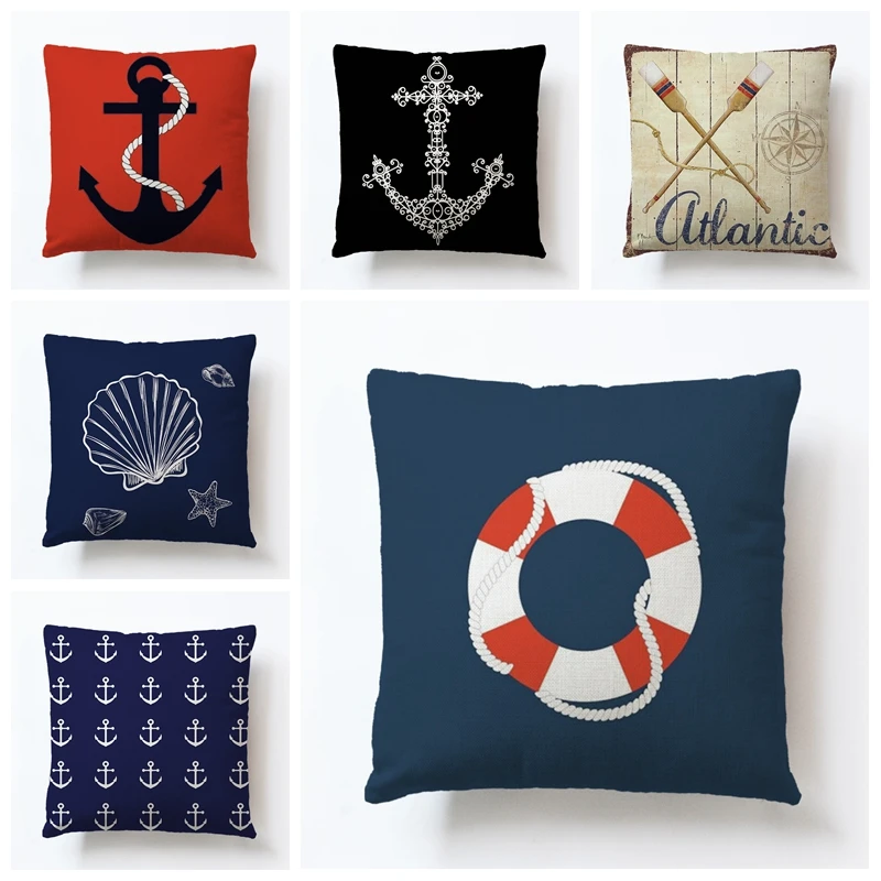 

Сине-белый фарфоровый стиль морской якорь икона диванная Подушка Автомобильная Подушка Наволочка домашний декор