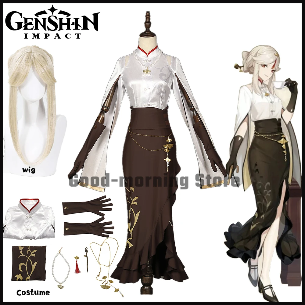 

game Genshin Impact Ningguang X Pizza Hut Cosplay Costume Full set Wig Cosplay Pizza Hut All Saints' Day Party Role play
