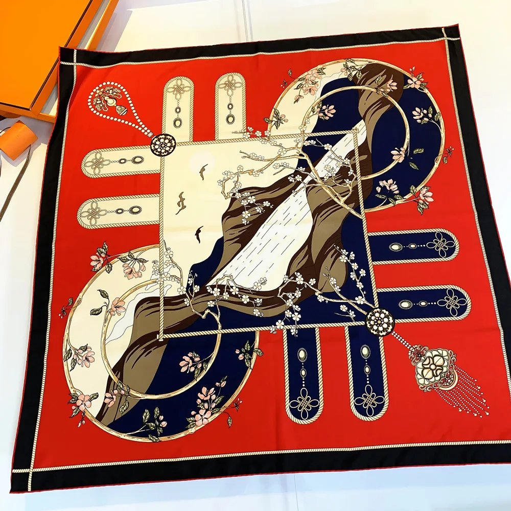 

Саржевый Шелковый квадратный шарф 90 см, дизайнерский большой брендовый роскошный женский тюрбан с принтом, шаль, пляжное полотенце, искусственная повязка на голову