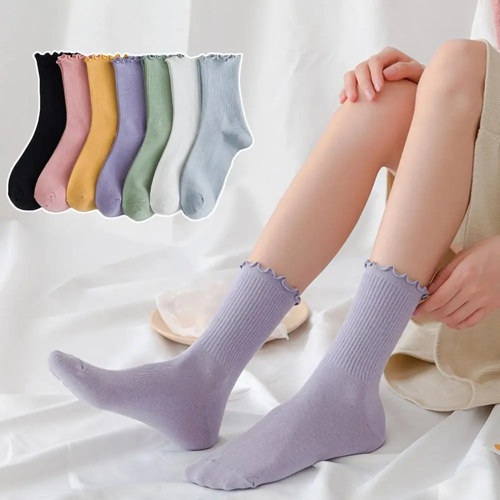 

1 Pair Women Winter Socks Shirring High Elasticity Soft Keep Warm Anti-shrink No Odor Mid Tube Socks Women Clothes Accessory