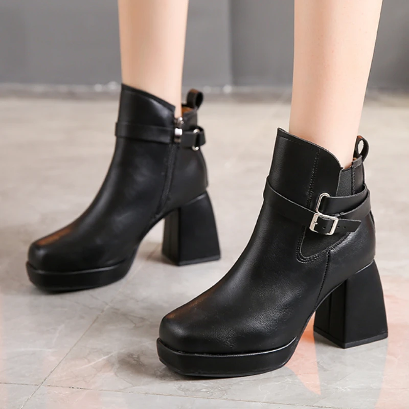 

2023 High Quality Shoes Female Side Zipper Women Boots Winter Square Toe Solid Middle Tube Chunky Heel Large Size Fashion Boots