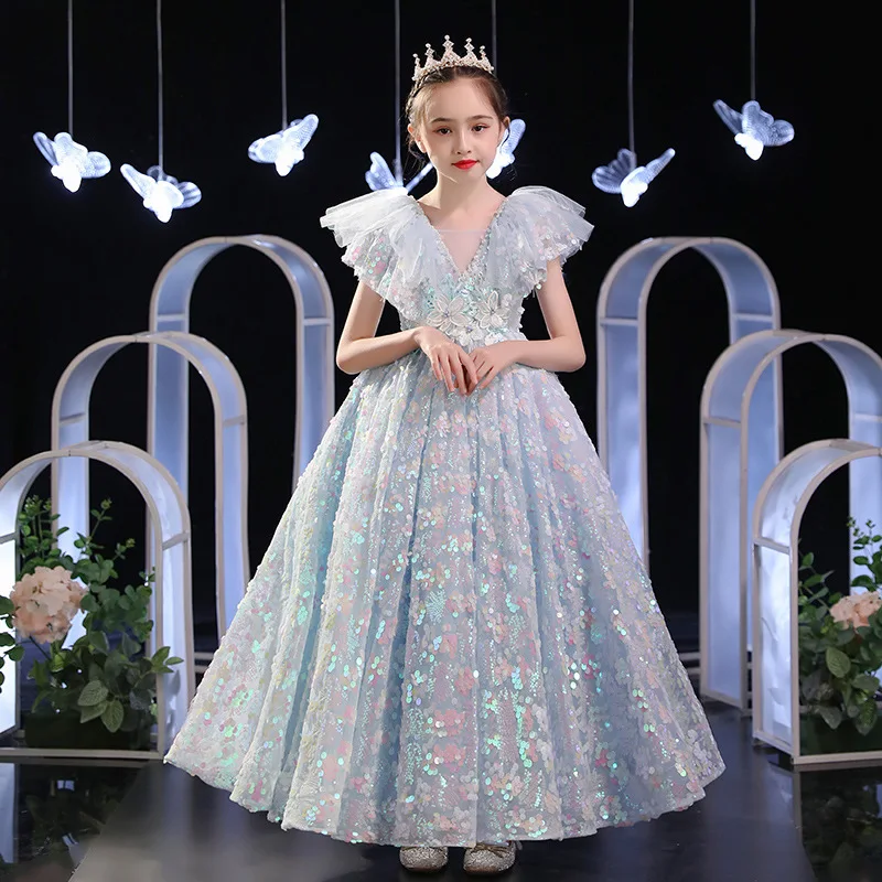 2023 Young Girls Elegant Long Ball Gowns Kids Girl Sequined Dress Child Formal Party Costumes Infant Pageant Ceremonial Vestidos enlarge