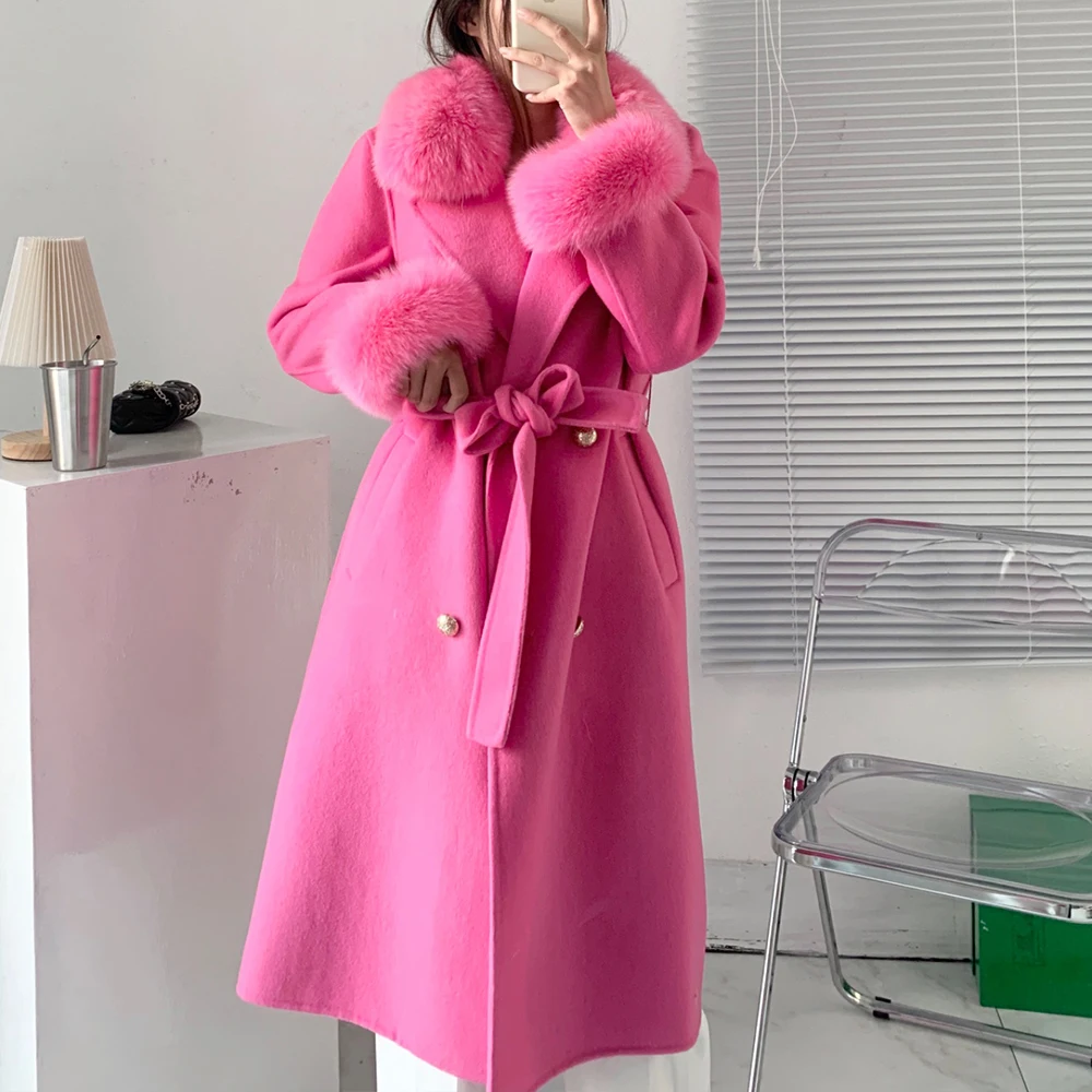 Furyoume 2022 Winter Women Long Real Fur Coat Jacket Natural Fox Fur Collar Cashmere Wool Blends Outerwear Ladies Streetwear