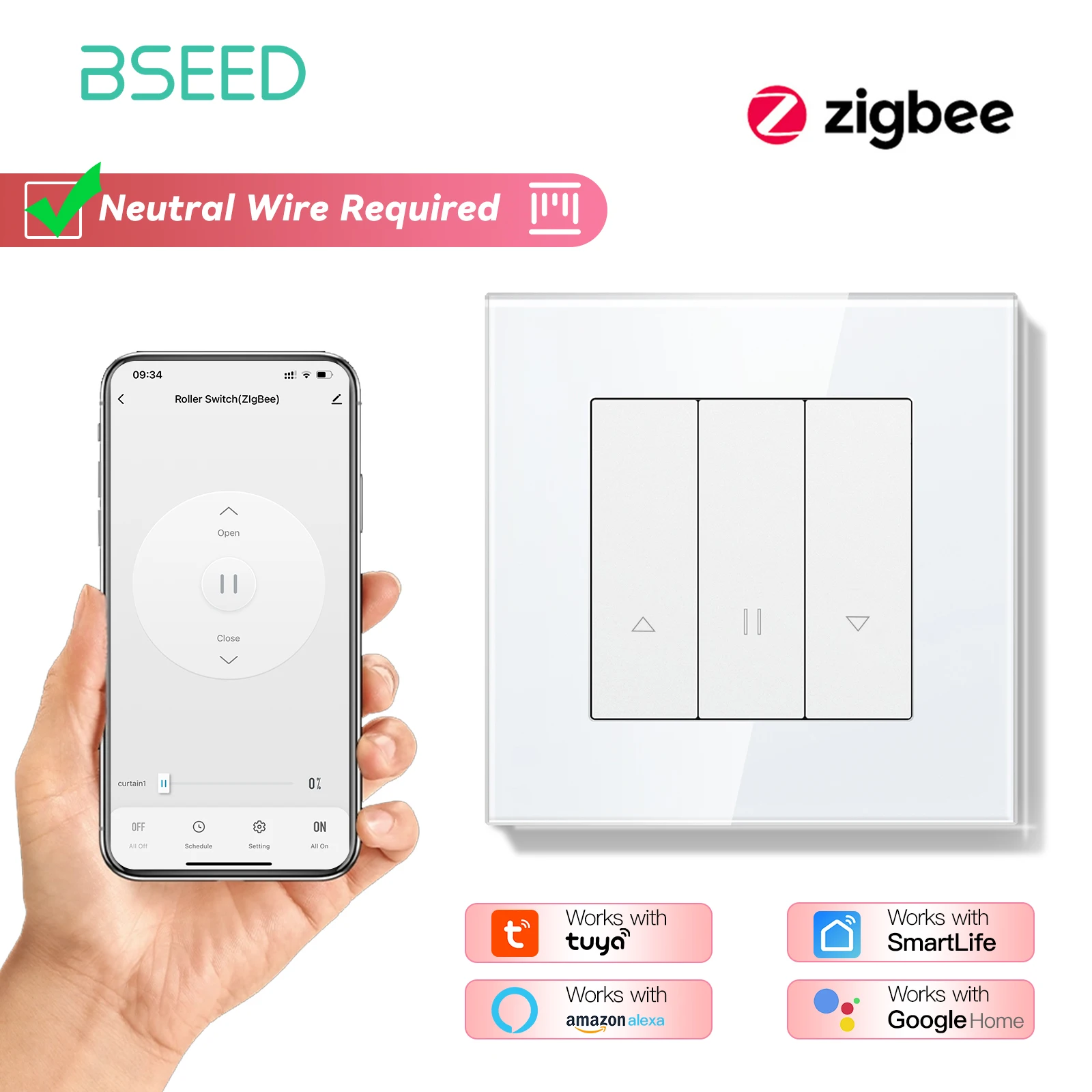 

BSEED Zigbee Smart Shutter Blinds Переключатели Tuya Alexa Голосовое управление плюс выключатель света Обычные настенные розетки USB Type-c Стандарт ЕС