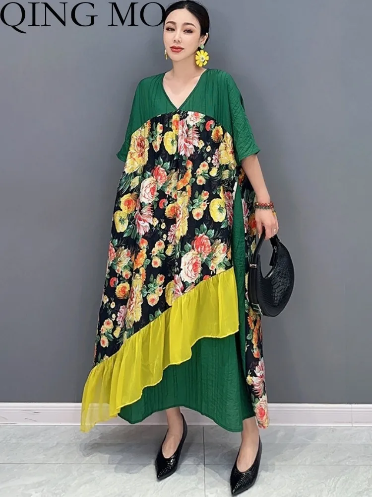 

QING MO 2023 Summer New Korean Art Style V-Neck Colored Fragmented Loose Fitting Short Sleeve Dress Women Fashion Slim ZXF3123
